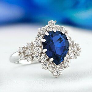Pear Blue Sapphire Gemstone Ring - 925 Sterling Silver Vintage Charmed Aroma